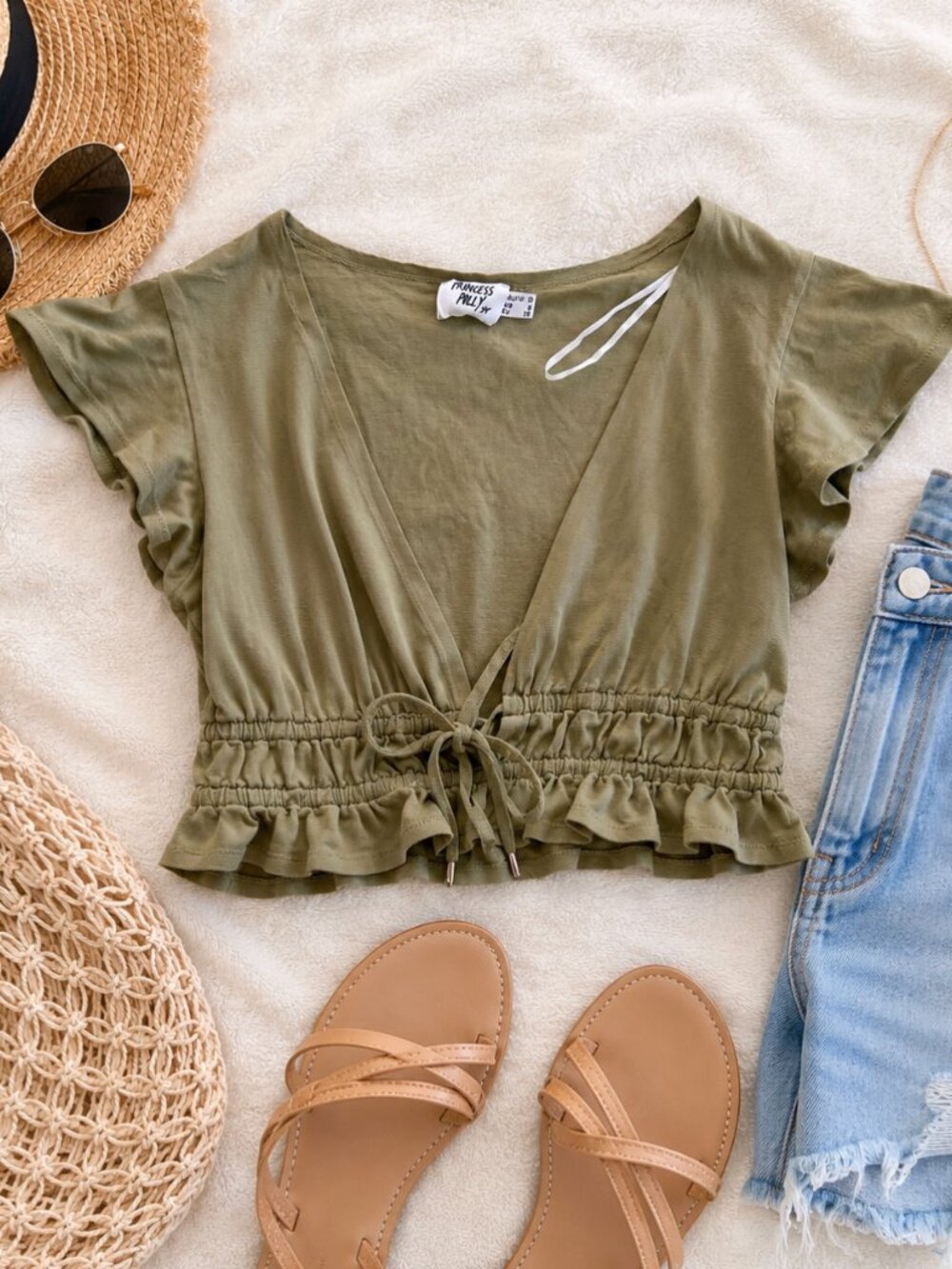 Princess Polly Olive Green Tie Front Crop Top | Size US 6